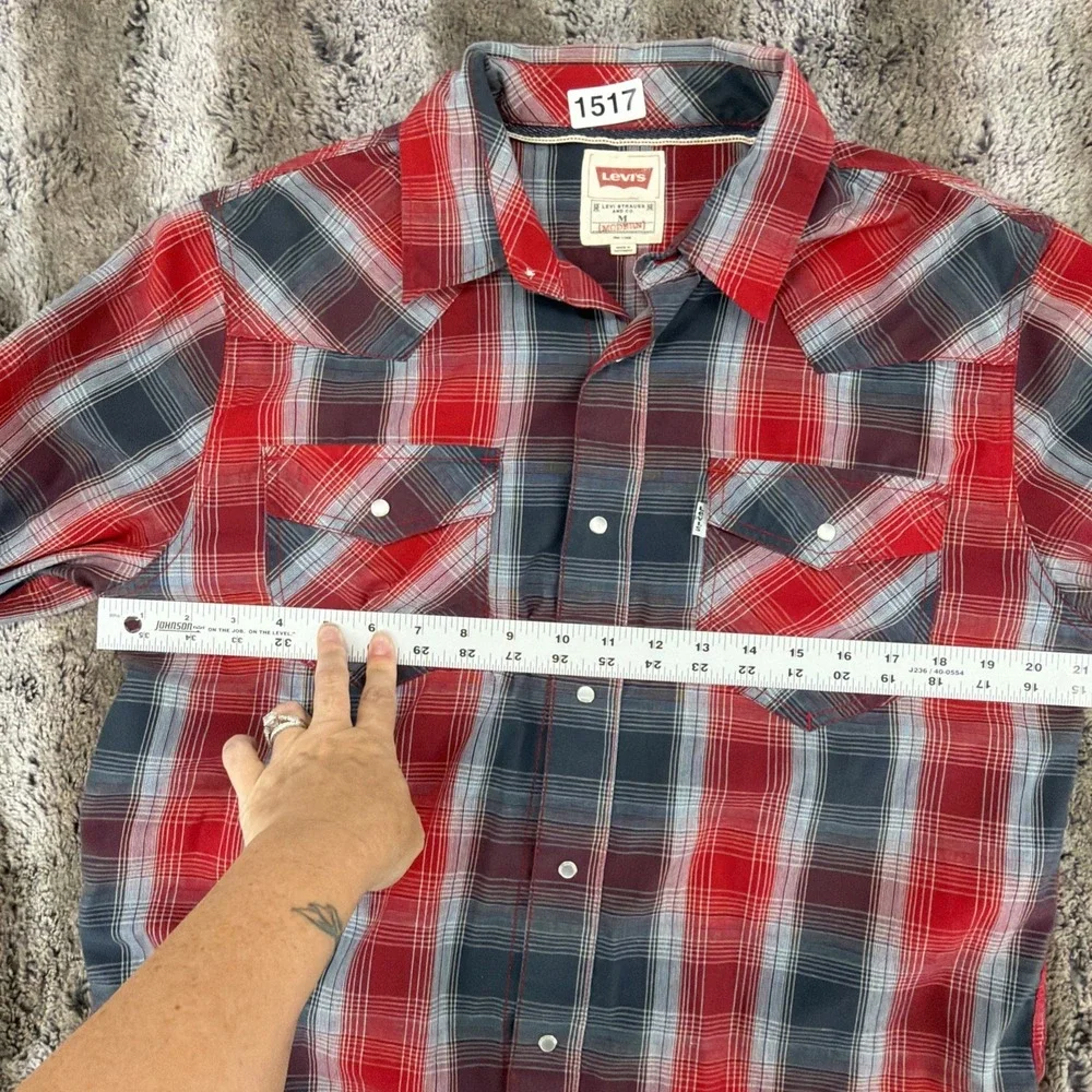 Levis Red Plaid Long Sleeve Pearl Snap Western Button Shirt Mens Medium